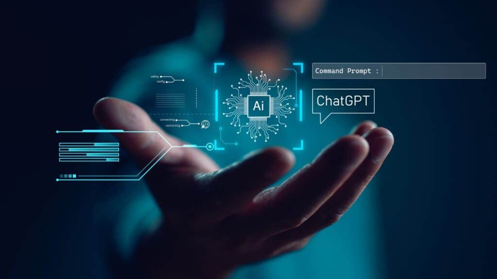 Ai tech, businessman show virtual graphic Global Internet connect Chatgpt Chat with AI, Artificial Intelligence. using command prompt for generates something, Futuristic technology