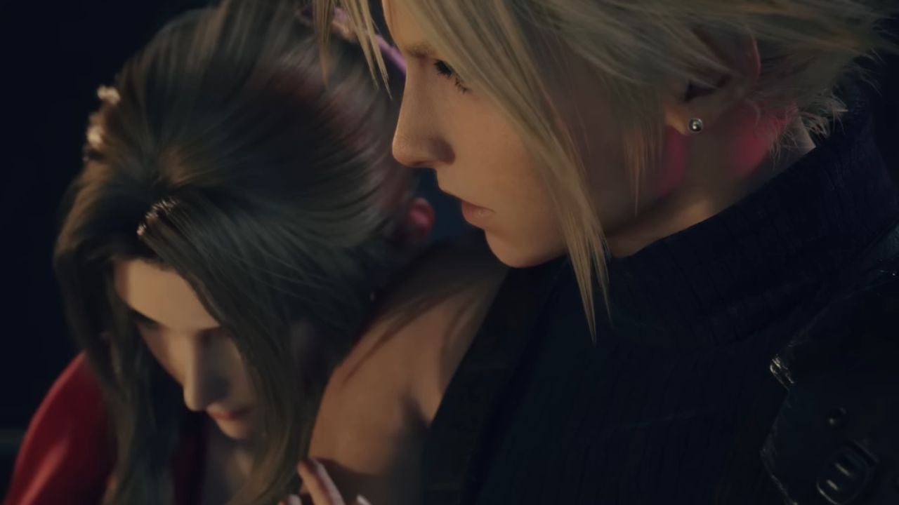 Cloud and Aerith in a loving embrace (FF7 Rebirth).