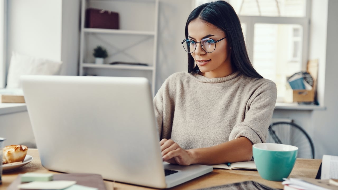 Woman, laptop, glasses, work at home