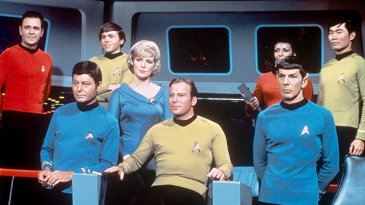 Leonard Nimoy, James Doohan, DeForest Kelley, George Takei, Sean Kenney, and Nichelle Nichols in Star Trek (1966)