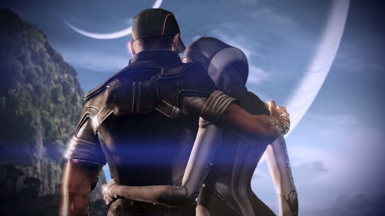 Joker and EDI embracing side by side in Mass Effect: Legendary Edition. 