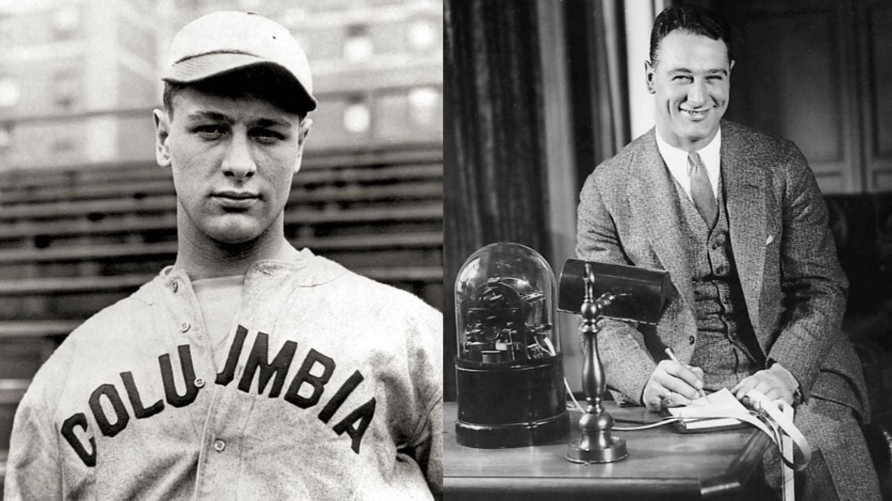 (R) Lou Gehrig wearing a Columbia uniform on the field; (R) Photo of Lou Gehrig working at a stockbrokers' office in the baseball off-season in 1929. Gehrig worked at Appensellar, Allen and Hill with the idea of possibly entering the finance business after his baseball career was done.
