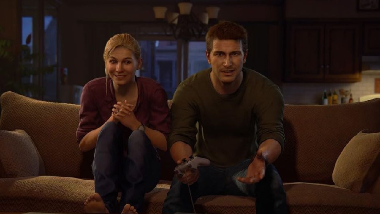 Nolan North and Emily Rose as Nathan and Elena in Uncharted 4: A Thief's End (2016).