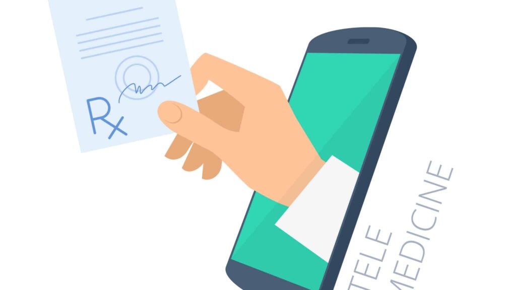 Animated image of hand coming out of a smartphone with a prescription (GoodRx)