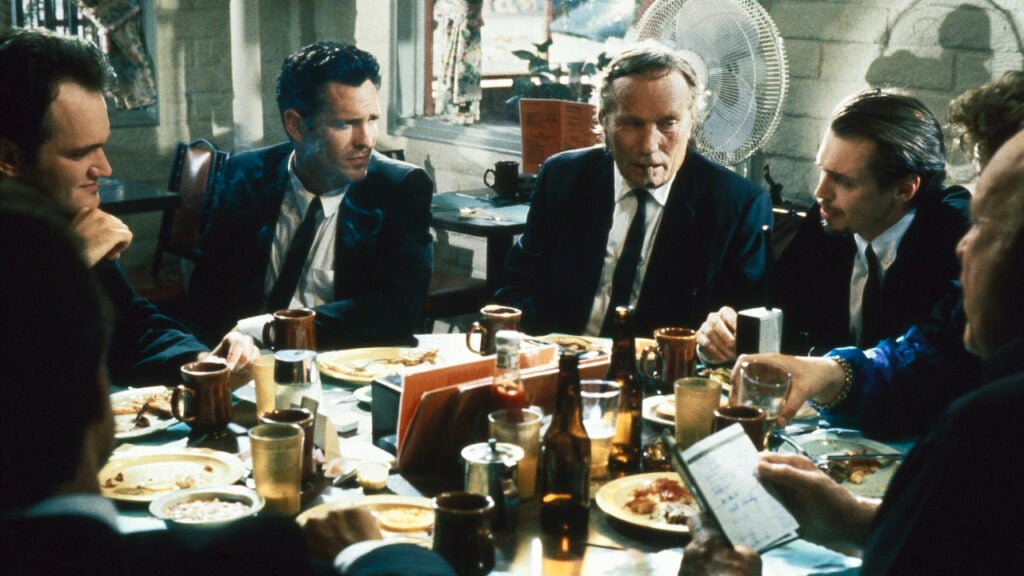 Steve Buscemi, Quentin Tarantino, Michael Madsen, Chris Penn, Edward Bunker, and Lawrence Tierney in Reservoir Dogs (1992) directorial debuts