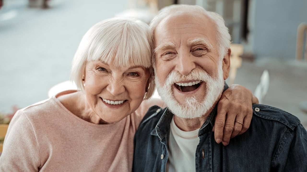 Senior couple, woman, man, elderly, retirement, happy, smile, laughing, gray hair