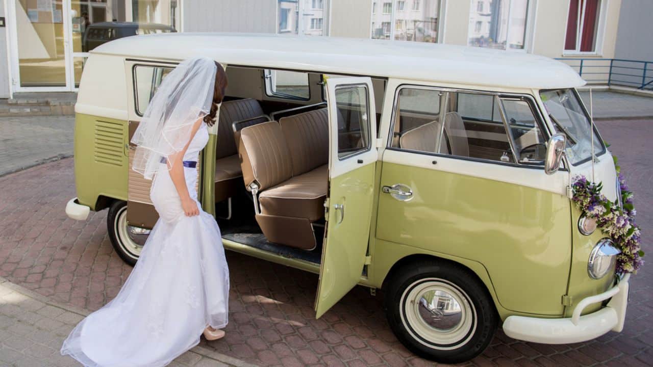 Riga,Latvia - May 28,2016: Green old Volkswagen bus decorated for wedding