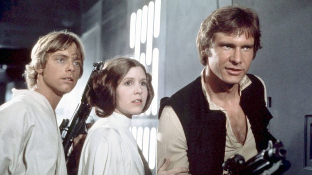Mark Hamill, Carrie Fisher, and Harrison Ford in "Star Wars A New Hope" star wars retcons
