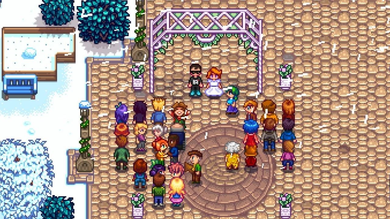 Stardew Valley protagonist and villager wedding ceremony in game. 