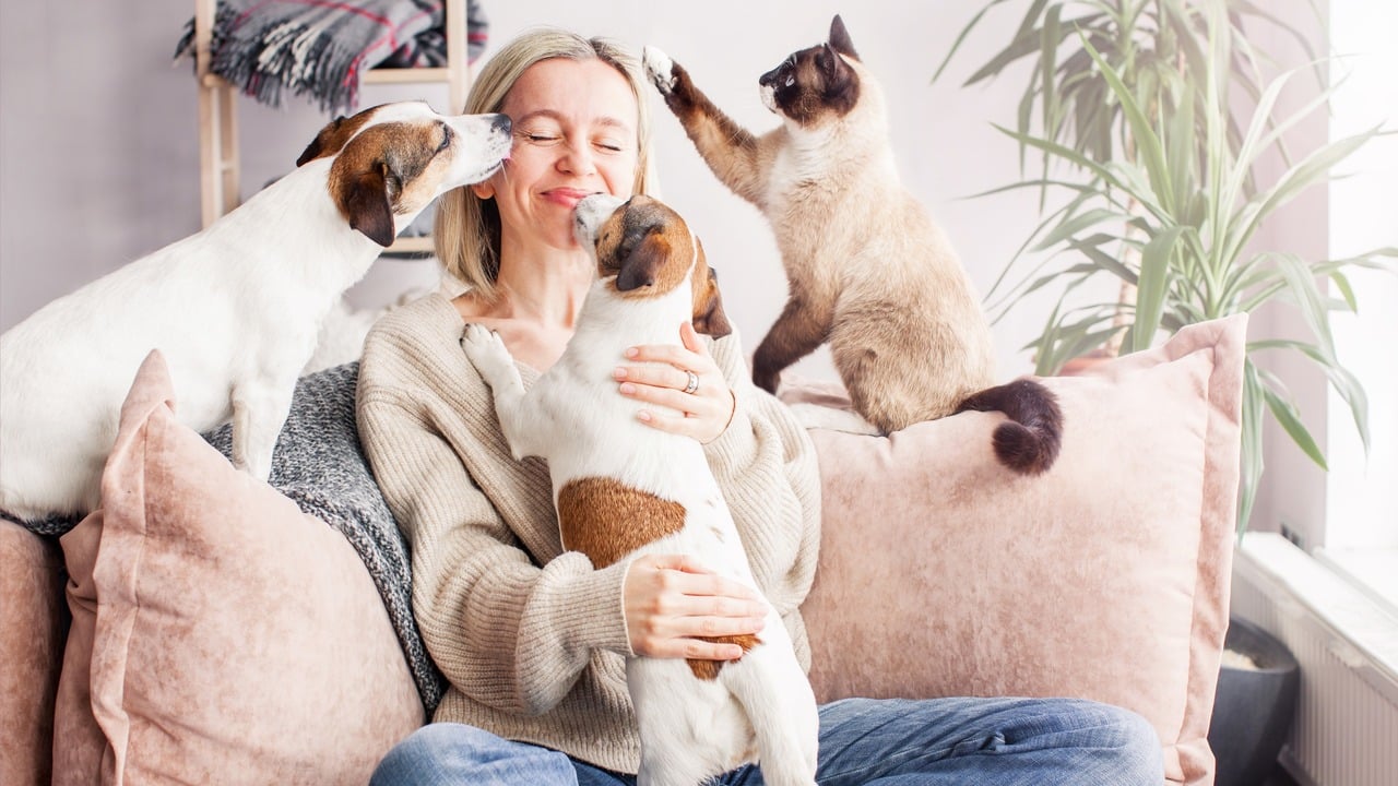 A woman spending time with her pets at home.